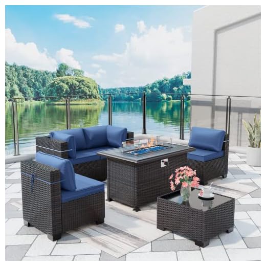 ASJMR Outdoor Patio Furniture Set with Fire Pit Table, 6 Pieces Outdoor Furniture Patio Sectional Sofa PE Rattan Conversation Sets w/43 Propane Gas Firepit & Coffee Table for Outside - Dark Blue