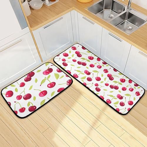 susiyo 2 Piece Kitchen Rugs and Mats, Fruit Cherry Cushioned Kitchen Mat Anti-Fatigue Comfort Floor Mat Non Slip Kitchen Rug Standing Mats for Kitchen, Sink, Bathroom, Laundry (20x47 Inch+20x28 Inch)