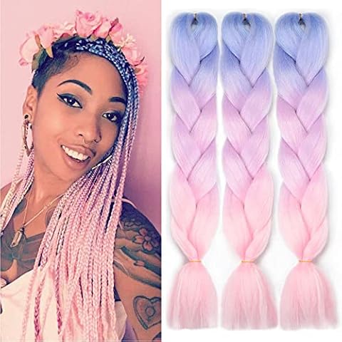Ombre Braiding Hair Kanekalon Braids Extensions Pink 3Pcs Jumbo Braiding Hair Synthetic Braid Hair Extensions (Blue-Light purple-Pink ) Cover