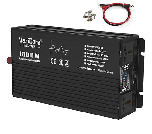 Image of VariCore 1800W Pure Sine Wave Inverter 24VDC to AC 220V Converter for Home, RV, Truck, Camping, Off-Grid Solar Power Inverter with LCD Display Showing Real-time Status, Surge (24V-1800W)