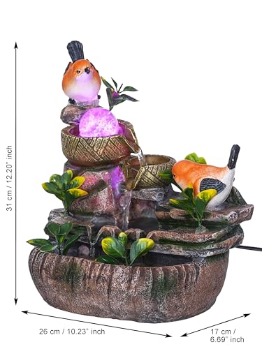 Image of Polyresin Orange Birds Tabletop 3 Steps Indoor Water Fountain for Home Decor with LED, Speed Controller Pump & Crystal Ball (Size: 26 x 17 x 31 CM |Colour: Multi|Weight: 1770 Gram)