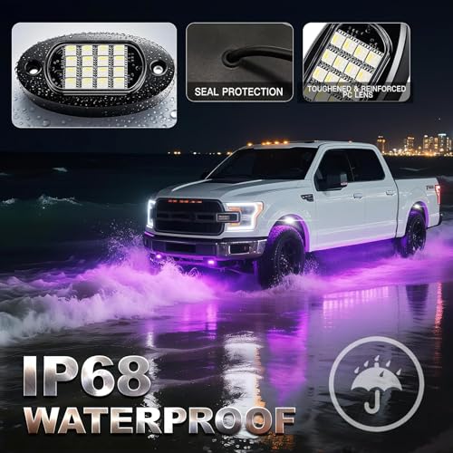 Image of 8 Pods RGBW LED Rock Lights Full Kit, 6500K Pure White and RGB Underglow for Jeeps Truck Golf Cart ATV UTV RZR Pickup, App /RF Remote Smart Brake Music Sync, Waterproof Offroad Underbody 12V