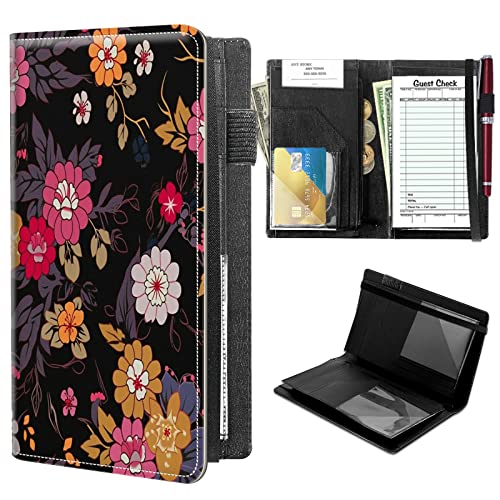 High Volume Server Books, Beautiful Flower Server Book w/ 2 Expandable Pockets 9 x 5 Cute Waitress Book Zipper Pocket & Strap Closure Waitstaff Organizer Server Booklet Waiter Money Wallet