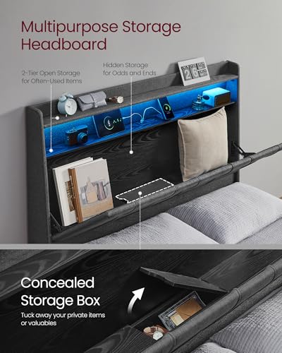 Image of VASAGLE Queen Bed Frame with 51.4 Inch Tall Storage Headboard, Bed Frame Queen Size with 4 Storage Drawers on Wheels, LED Lights, Charging Station, No Box Spring Needed, Modern, Dark Gray URMB891G02