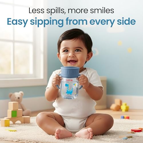 Image of LuvLap Shine 360 Soft Spout Trainer Sipper for Kids, 360ml, Leakproof & spillproof Sippy Cup for Kids, Twin Easy-Grip Handles, BPA-Free, Ergonomic Design, Dust Cover, Lightweight, 18 M+ (Blue)