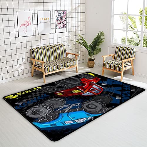 Kuizee Area Rug Blue Monster Truck Boy Rectangle Oversize Doormat Coral Fleece Living Room Parlour Bedroom Home Fashion Decor Carpet,5'X3'3" #TOP10
