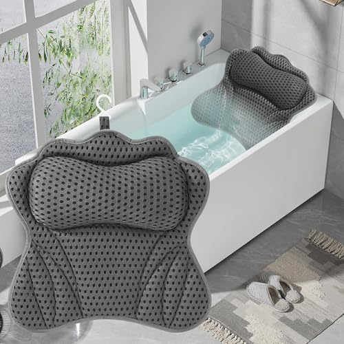 Badewannenkissen, Badewannenkissen Nacken, Nackenkissen für Badewanne mit 6 Saugnäpfen, mittels 4D-Air-Mesh-Technologie, stützt Kopf, Nacken, Schultern, Rücken, passend für alle Badewannen (Grau)