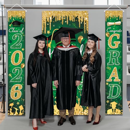 Image of Green and Gold Graduation Decorations Class of 2026 Congrats Grad Banner and You Did It Door Cover for High School College Graduation Party Supplies(Green)