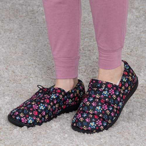 GreaterGood Paw Print Puffy Fleece Lined Slippers for Women Adjustable Toggle Warm Indoor Outdoor Shoes with Durable Sole Cozy Animal Gift3