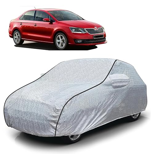 Image of Sulfar 100% Waterproof Car Body Cover Compatible with Mirror for Skoda Rapid (Triple Stitched, Full Bottom Elastic, Magic Silver with Black Piping)