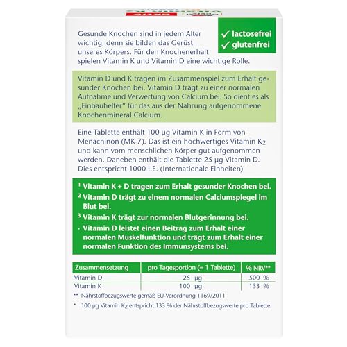 Doppelherz Vitamin K2 + D3 1000 I.E. - Vitamin D und K tragen im Zusammenspiel zum Erhalt gesunder Knochen bei - 120 Mini-Tabletten