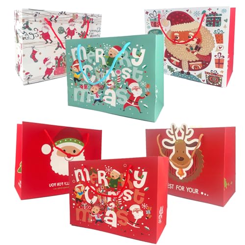 KEELYY Sacos de presente de Natal grandes, 6 peças saco de papel de Natal com asas, sacos de Natal grandes para embrulhar presentes de Natal artigos para festas, 26 × 20 × 11 cm