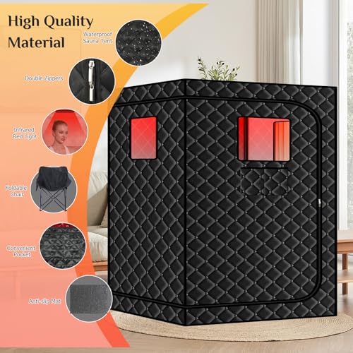 Image of Smartmak 2 Person Portable Sauna Box with Infrared 660nm Red Light Therapy Lamp for Home Relaxation, Large Full Body Sauna Tent, 1500W High Power Hot Air Saunas Spa Pod, 2 Folding Chairs