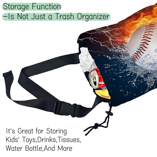 Image of Baseball Ball Car Garbage Bag,Fire Ball Waterproof Small Car Trash Bag Hanging Back of Seat,Drawstring Hanging Car Trash Bag with Adjustable Buckle for Car Accessories