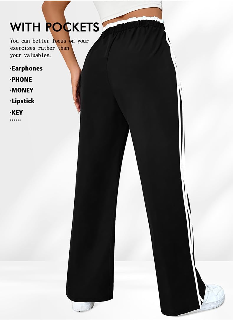 Generisch Pantalones casuales para mujer, tallas grandes, cintura alta, pantalones deportivos y pantalones de chándal para mujer, pantalones de chándal y pantalones de chándal con rayas, pierna ancha