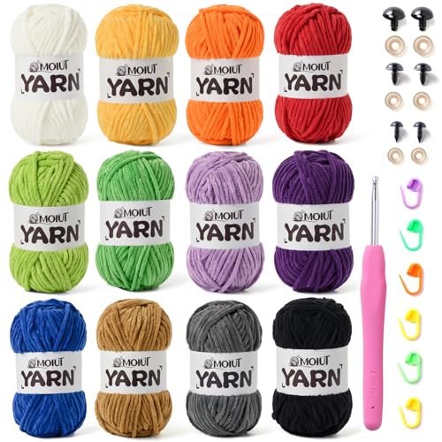 Image of 12 Pack Velvet Yarn for Knitting, Chunky Chenille Yarn for Crocheting, Baby Yarn for Crocheting Soft Blanket, Super Bulky 42.3oz(1049yds), Multicolor Amigurumi Yarns Set C