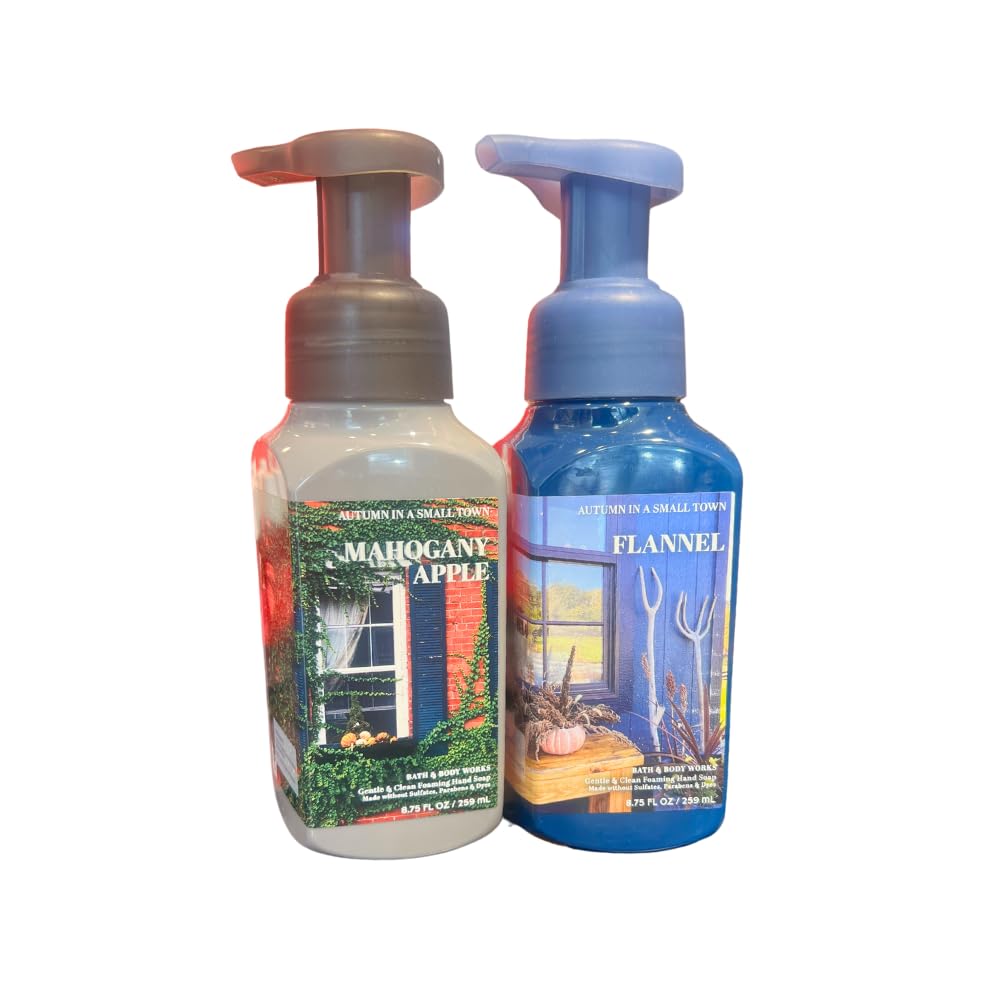 Bath & Body Works MAHOGANY APPLE and FLANNEL 2-piece bundle Gentle & Clean Foaming Hand Soap Autumn Scents 8.75 fl oz each