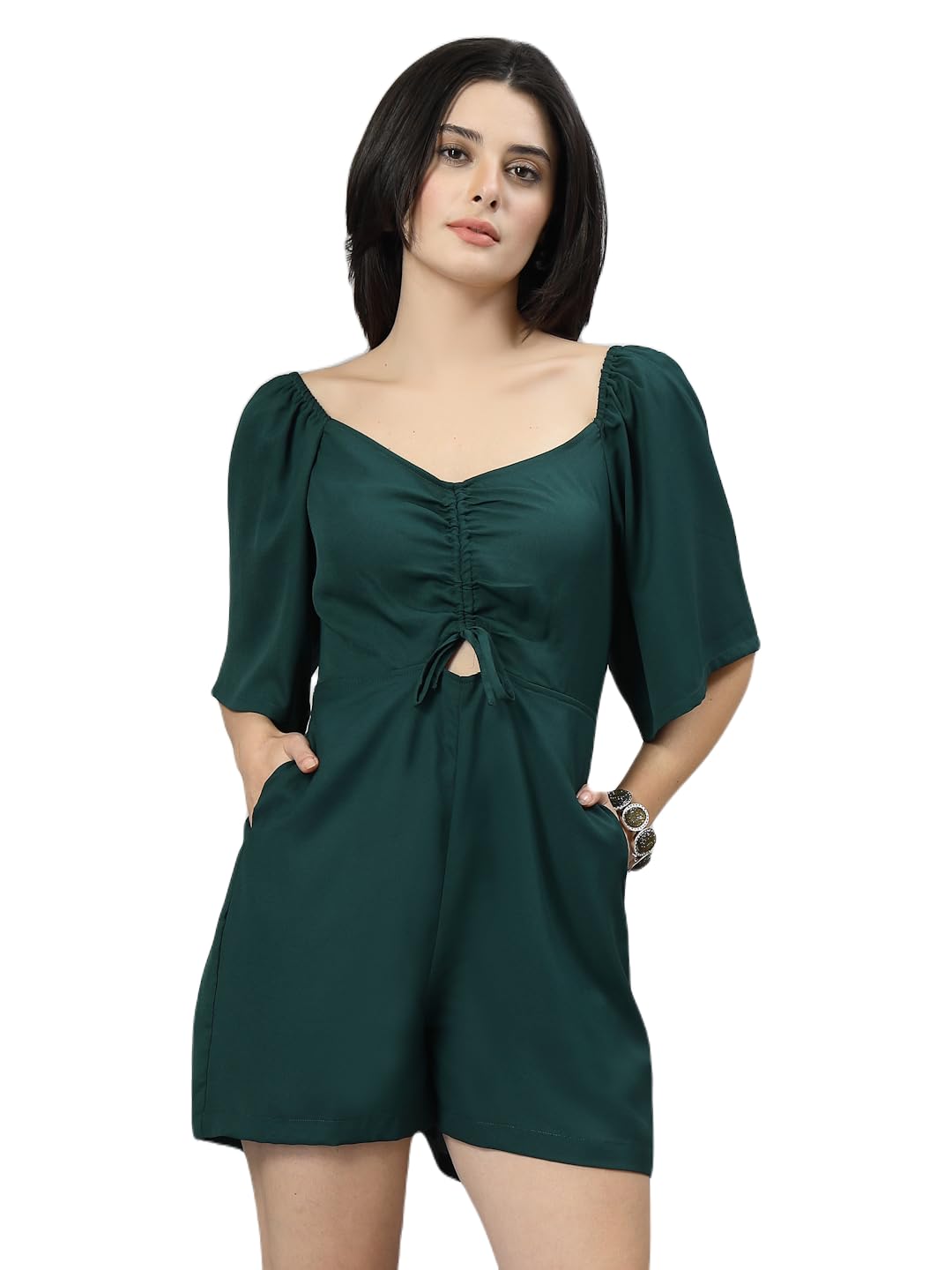 Women Green Half Sleeves Sweetheart Neck Solid Jumpsuit-image-42