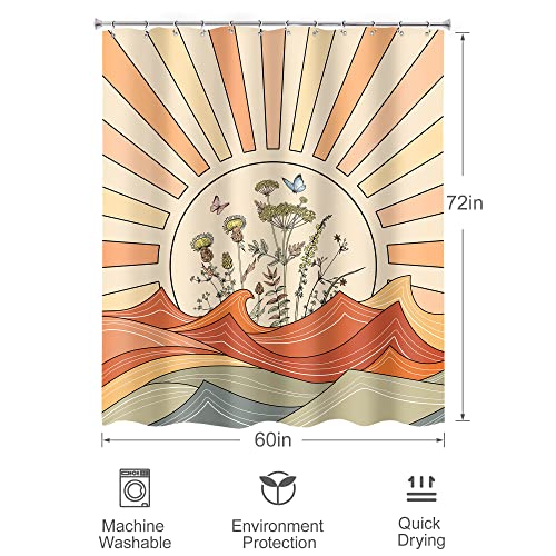 Omifly Boho Sun Shower Curtain 60Wx72H Inch Abstract Geometric Simple Minimalist Aesthetic Retro Colorful Wave Wildflower Butterfly With 12 Plastic Hooks Fabric Waterproof Toilet Accessories Decor #TOP3