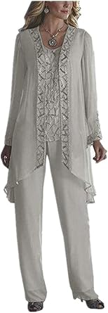 Womens Chiffon 3 Pieces Formal Mother of The Bride Pant Suits with Appliques with Outfit for Wedding Grooms Silver