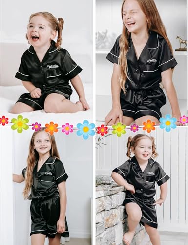 SWOMOG Silk Pajamas for Kids Girls Satin Pj Set Boys Sleepwear Button Down Short Sleeve Loungewear 2 Pieces3