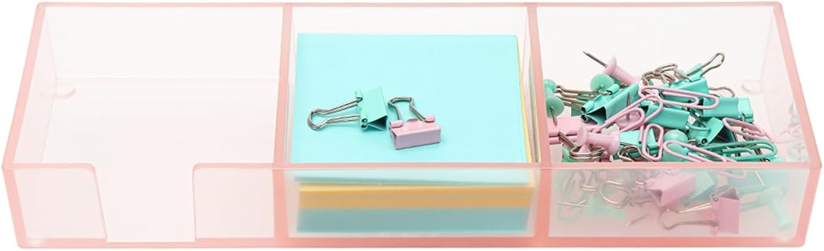 Pink Sticky Note Holder for Desk Acrylic Pink Paper Clip Holder Clear Sticky Notes Organizer 3 Grids Memo Note Pads Storage Container Notepad Dispenser for Cute Desktop Accessories