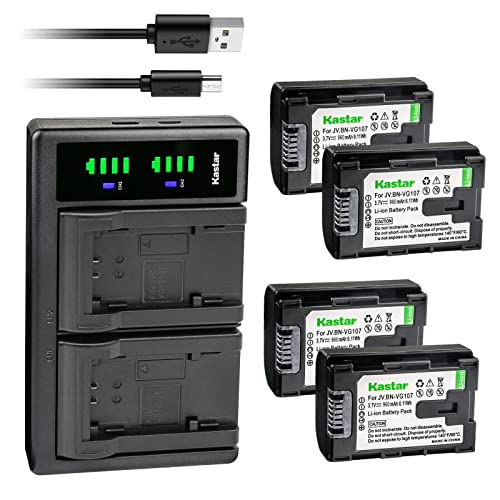 Kastar 4-Pack BN-VG107 Battery and LTD2 USB Charger Replacement for JVC GZ-MG750BEK GZ-MG750BEU GZ-MG750BU GZ-MG750BUC GZ-MG750BUS GZ-MG750RU GZ-MG750RUC GZ-MG750U GZ-MG760 GZ-MG980 GZ-MG980-A