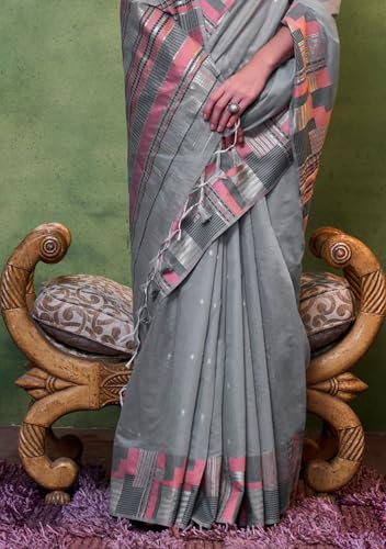 Image of SGF11 Women's Soft Cotton Linen Silk Saree With Unstitched Blouse Piece