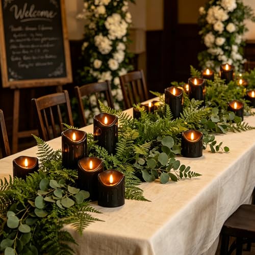 Image of 9 Pcs Flickering Flameless LED Pillar Candles, (D 3 inch x H 3 inch 4 inch 5 inch 6 inch 7 inch) Battery Operated with Remote Plastic Wax Drip Fake Candles for Home Wedding Holiday Decor,Black