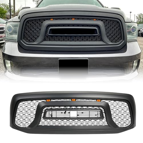 BDBO Front Grill Compatible With Dodge Ram 1500 2006-2008 & Dodge Ram 2500 3500 2006-2009 Matte Black Front Bumper Grille With Accessories/Letters/Amber Light Up