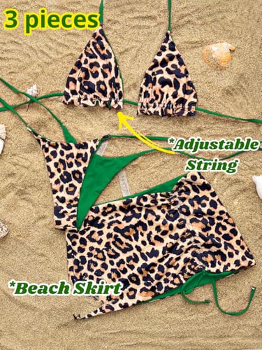 Image of ShawGobow Womens 3 Piece Leopard Bikini Set,Triangle String High Cut Thong Sexy Swimsuit & Coverup Skirt,Pool Party Outfit