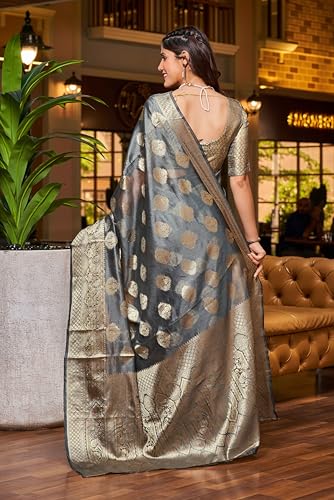 Image of SWORNOF Women's kanjivaram banarasi silk saree Zari Woven for festival Wedding silk with rich pallu Design sarees for women with Unstitched blouse piece