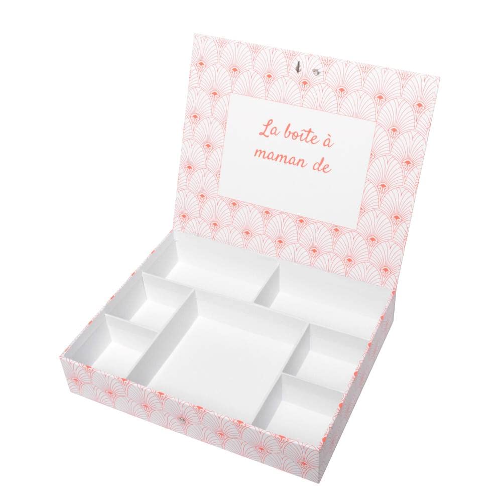 Scatola per la mamma con regali morbidi e divertenti per futura e giovane mamma: sacchetto, portachiavi, tappo, token decisionale, bavaglino, pannolino, 6 buoni per carta, carta.