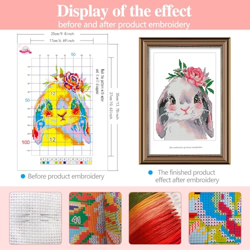 Image of Zhenqing Animal Cross Stitch Kit - Cute Rabbit Design, 11 Count, 9.8x13.8 Inch, Stamped Pre-Printed Pattern, DIY Beginner Embroidery Kit for Home Decor & Gifts (67529)