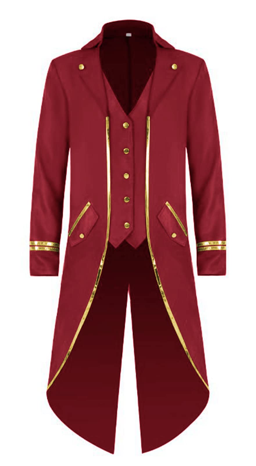 Mens Steampunk Medieval Tuxedo Jacket, Gothic Victorian Renaissance Tailcoat Pirate Vampire Halloween Costumes Vintage Gold-Rimmed High Collar Frock Coat (Red, Large)