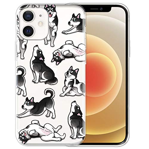 FINCIBO Clear Transparent TPU Soft Gel Skin Case Cover Compatible with Apple iPhone 12/12 Pro 6.1 inch 2020 - Siberian Husky Funny Playful Postures