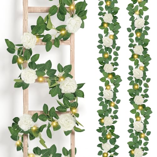 2x2M Blumengirlande Künstlich mit Lichterkette 40 LEDs Rosengirlande Frühlingsgirlande Hochzeitsdeko Blumenranken Pfingstrosen Kunstblumen Künstliche Blumen Girlande Deko für Hochzeit Party Garten