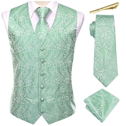 Men's Novelty Silk Vest Set Textured Sleeveless Waistcoat with Necktie Hanky Cufflinks for Wedding Business