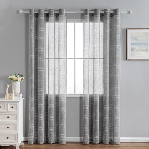 MYSKY HOME Gardinen mit Ösen Vorhänge Wohnzimmer Voile Vorhang Modern Gardine 2er Set Schlafzimmer Weiss Gestreift Muster Vorhang Halbtransparent Streifen H 225 x B 140, Dunkelgrau.