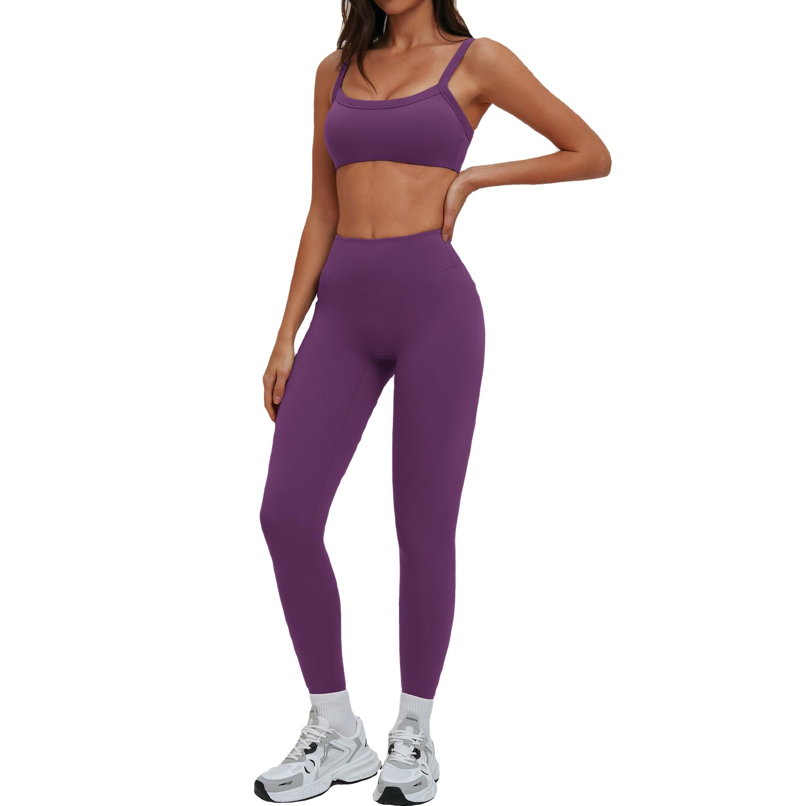Womens Workout Sets 2 Piece Square Neck Sports Bra High Waist Leggings Yoga Gym Outfits Activewear