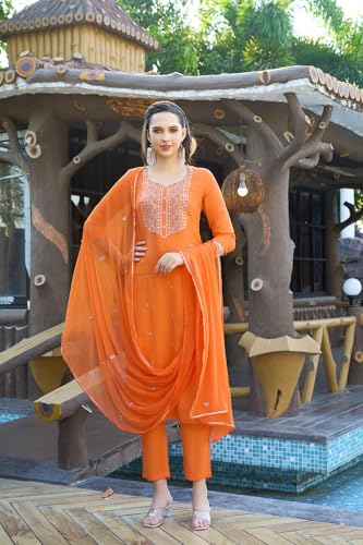 Image of GoSriKi Women's Cotton Blend Embroidered Kurta Set with Pant & Dupatta - Straight Calf‑Length, 3 /4 Sleeve, Round Neck - Elegant Ethnic Attire (5 Colors, S-5XL)
