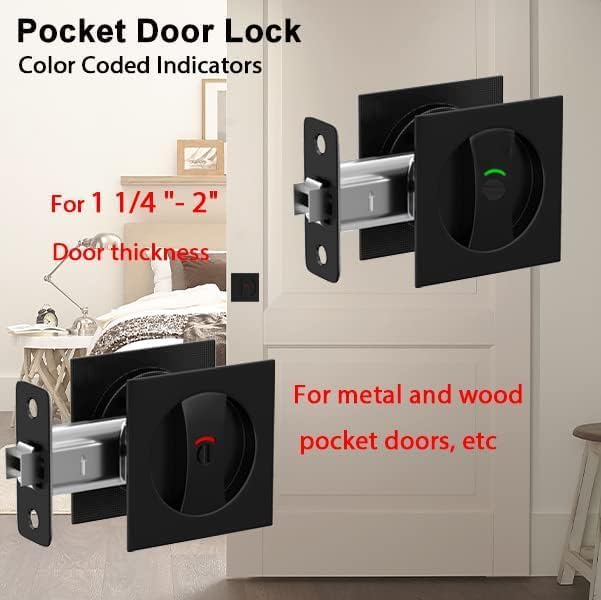 Image of goldenwarm Matte Black Pocket Door Locks for Bathroom with Indicators, Square Pocket Door Hardware for Pocket Door, Gold Sliding Pocket Door Handles 2-3 /8 inch Latch 1 Pack