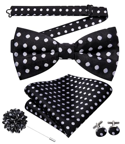 Image of Hi-Tie Pretied Bow Ties for Men Wedding Formal Bow Tie Handkerchief Cufflinks Lapel Pin Set Party Formal Mens Bowtie Set, Black White Dots, Medium