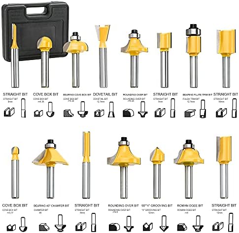 Router Bit Set, 15PCS 6.35mm 1/4 Inch Shank Carbide Tipped Router Bits, Trimmer Router Cutter Bit -Woodworking Milling Tools for Wood Carving Cutting Routing Edge Trimming