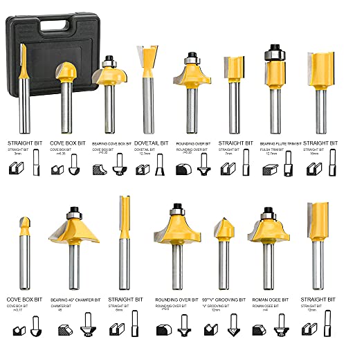 Router Bit Set, 15PCS 6.35mm 1/4 Inch Shank Carbide Tipped Router Bits, Trimmer Router Cutter Bit -Woodworking Milling Tools for Wood Carving Cutting Routing Edge Trimming