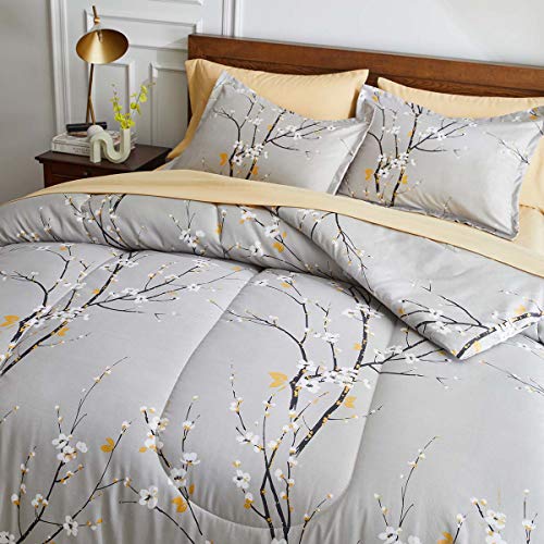 Gray Comforter Sheet Set Bed In A Bag 7 Pieces Queen Size Tree Branch Bloom Flower Microfiber Winter Bedding Set (1 Comforter 2 Pillow Shams 1 Tan Flat Sheet 1 Fitted Sheet 2 Pillowcases) #TOP5