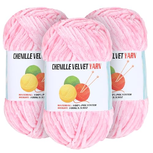 Image of 3 * 100g Velvet Chenille Chunky Yarn for Crocheting, Handcrafts Weaving Soft Chenille Yarn for Crocheting Clearance, Used for Making Baby Yarns Blanket, Clothes, Knitting Creations (Pink)