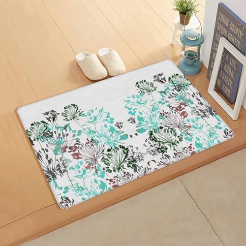 Teal Black Brown Kitchen Bath Door Mat Cushioned Runner Rug,Washable Welcome Floor Sink Antifatigue Mat,Waterproof & Non-Slip Comfort Standing Doormat,Spring Simple Flower Herb White 18