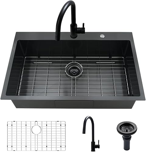 Fregadero de cocina negro de 33 pulgadas con grifo - Fregadero de cocina negro de 33 x 22 pulgadas, fregadero de cocina y grifo de 10 pulgadas de