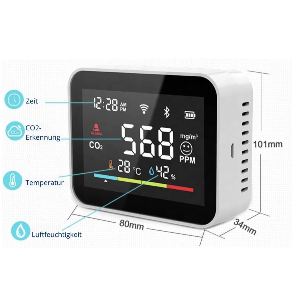 BOT Smart Detektor CO2 – Messgerät Luftqualitätsprüfer mit WiFi, Kohlenstoffdioxid Sensor, CO2 Anzeige, Temperatur Thermometer und Luftfeuchtigkeit Hygrometer